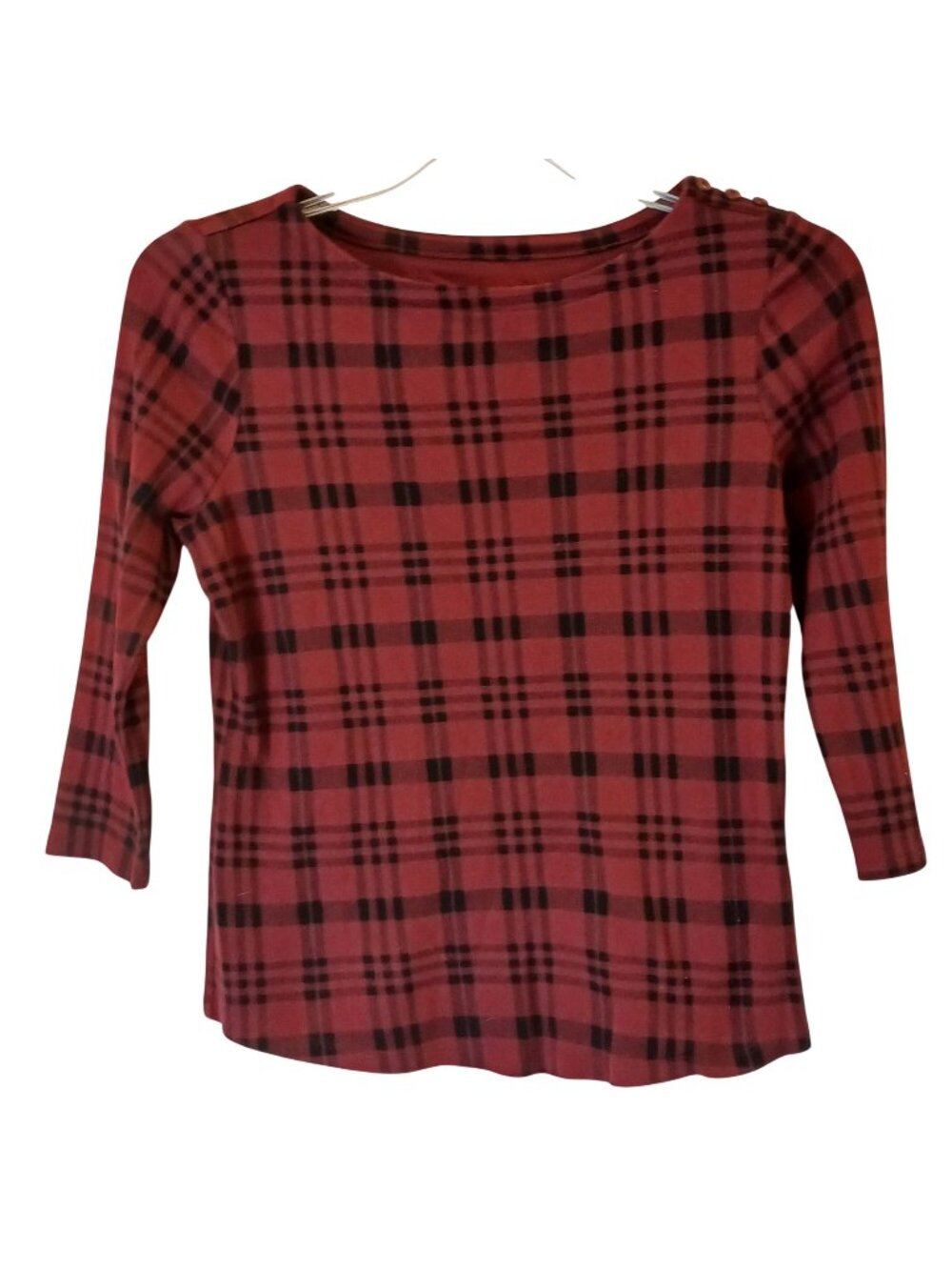 Charter Club Womens PM Plaid RedBlack 3/4 Sleeve 100% Pima Cotton Top #I-11